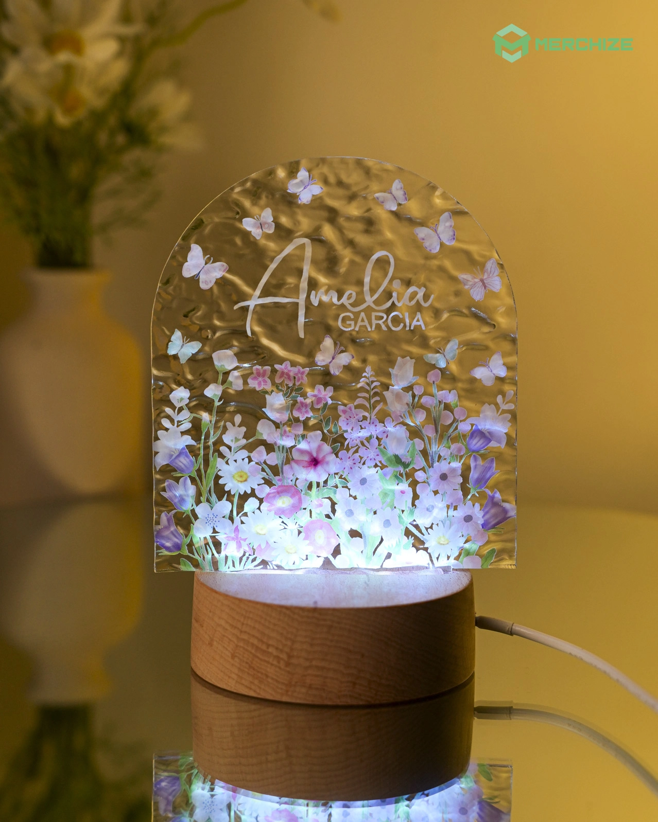 Engraved Custom Shape Wavy Acrylic Photo Night Light (Beech wood base)