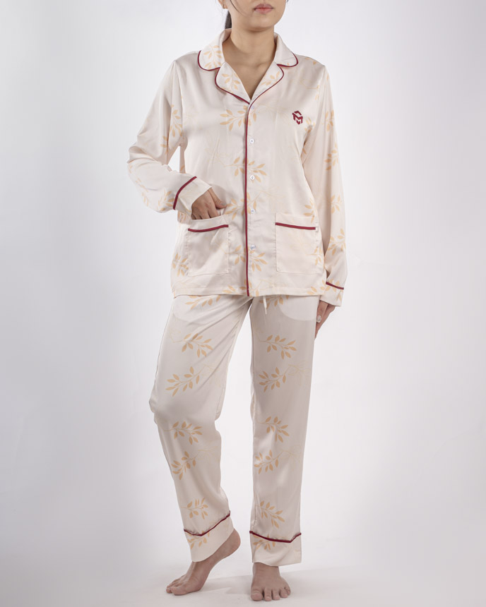 All-over Print Piping Satin Pajamas Set with Double Pockets