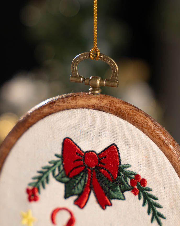 Embroidered Faux Wood Hoop Ornament
