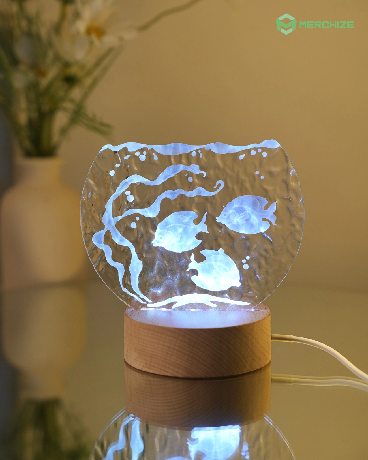 Engraved Custom Shape Wavy Acrylic Photo Night Light (Beech wood base)