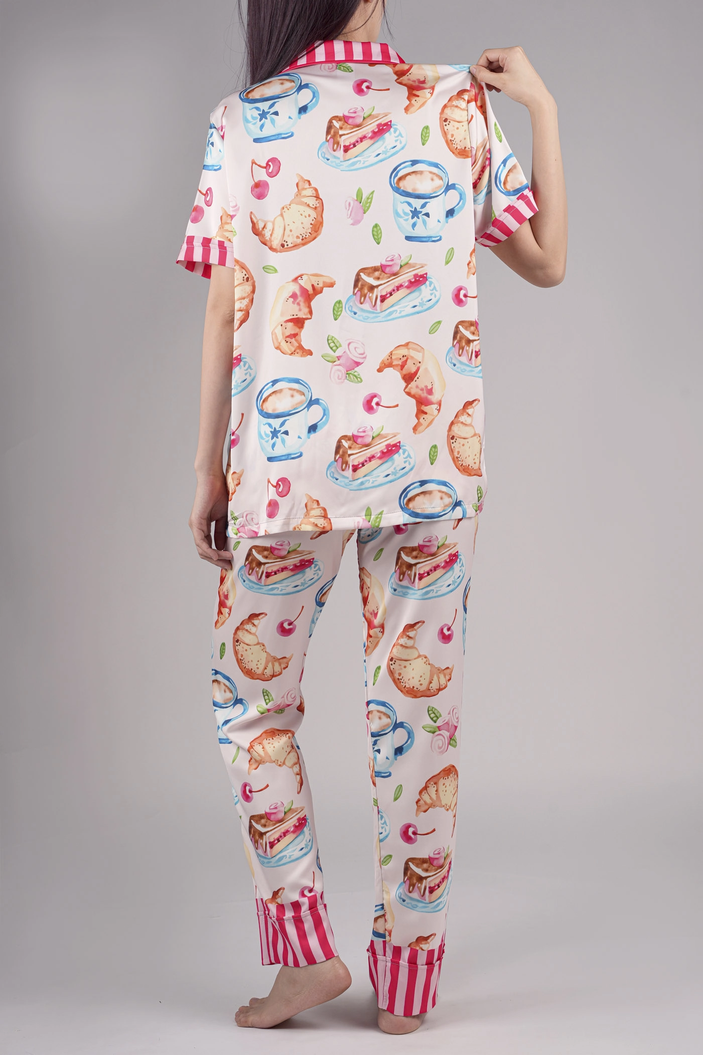 All-over Print Satin Short-Sleeve Pajamas Set with Long Pants