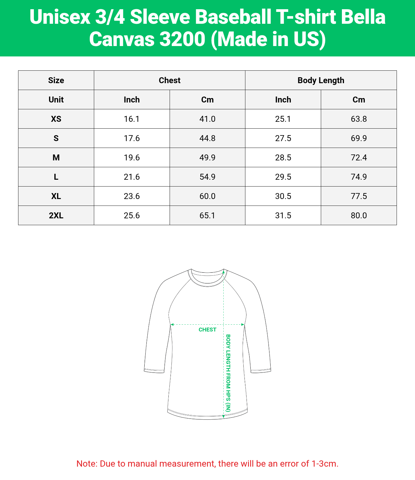 Unisex 3/4 Sleeve Baseball T-shirt Bella Canvas 3200 (Made in US)