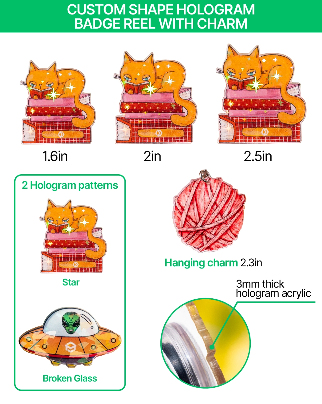 Custom Shape Hologram Badge Reel With Charm