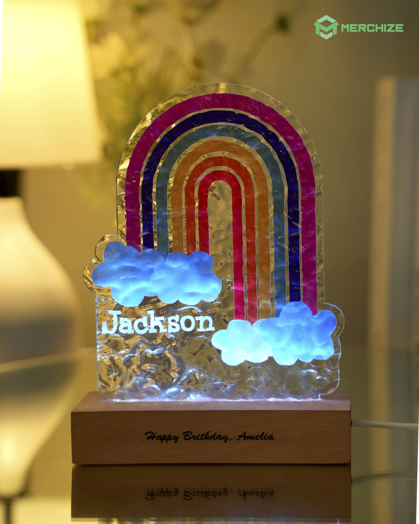 Engraved Custom Shape Wavy Acrylic Photo Night Light (Beech wood base)