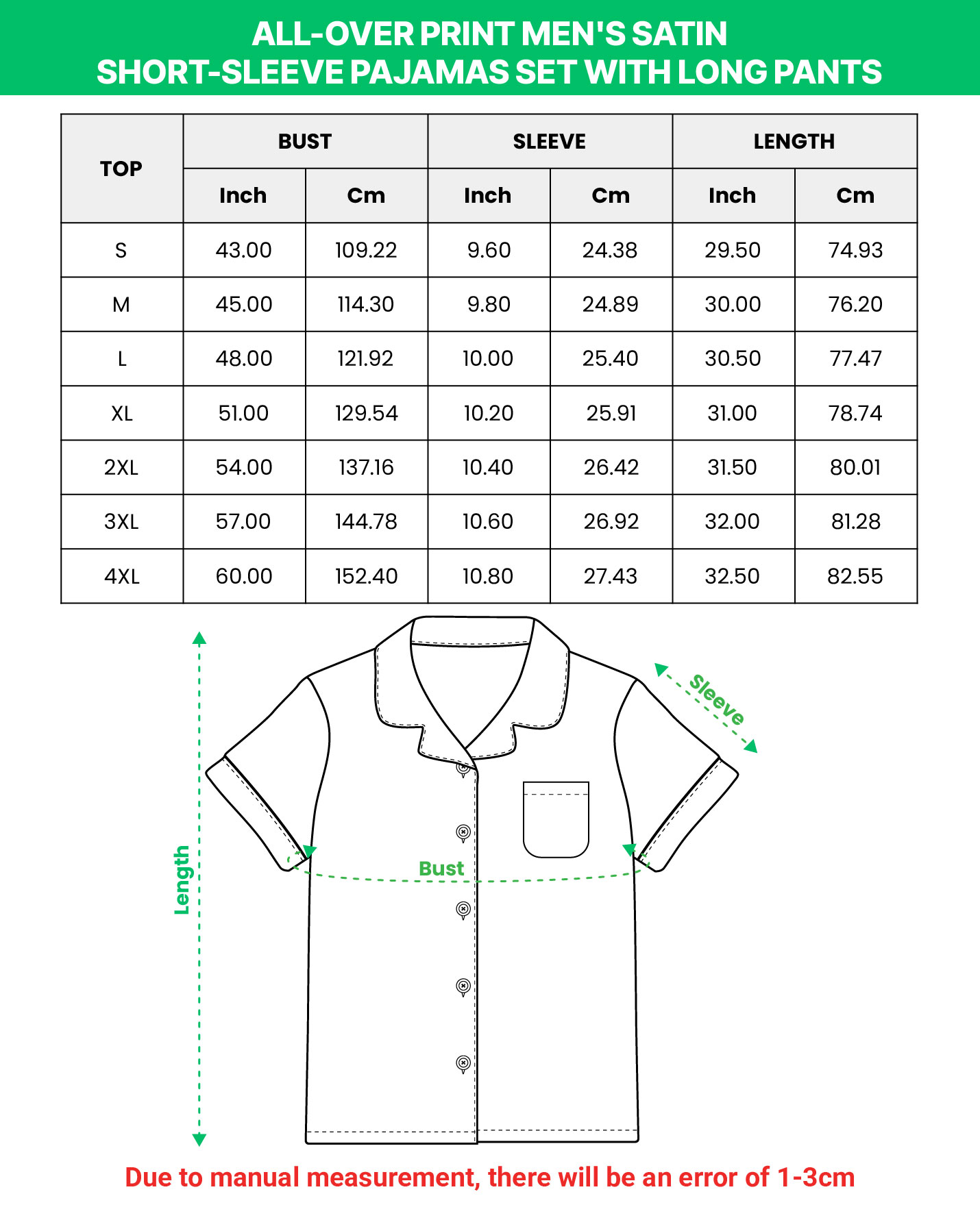 All-over Print Men's Satin Short-Sleeve Pajamas Set with Long Pants