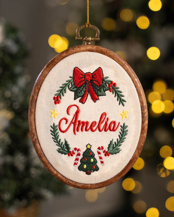 Embroidered Faux Wood Hoop Ornament