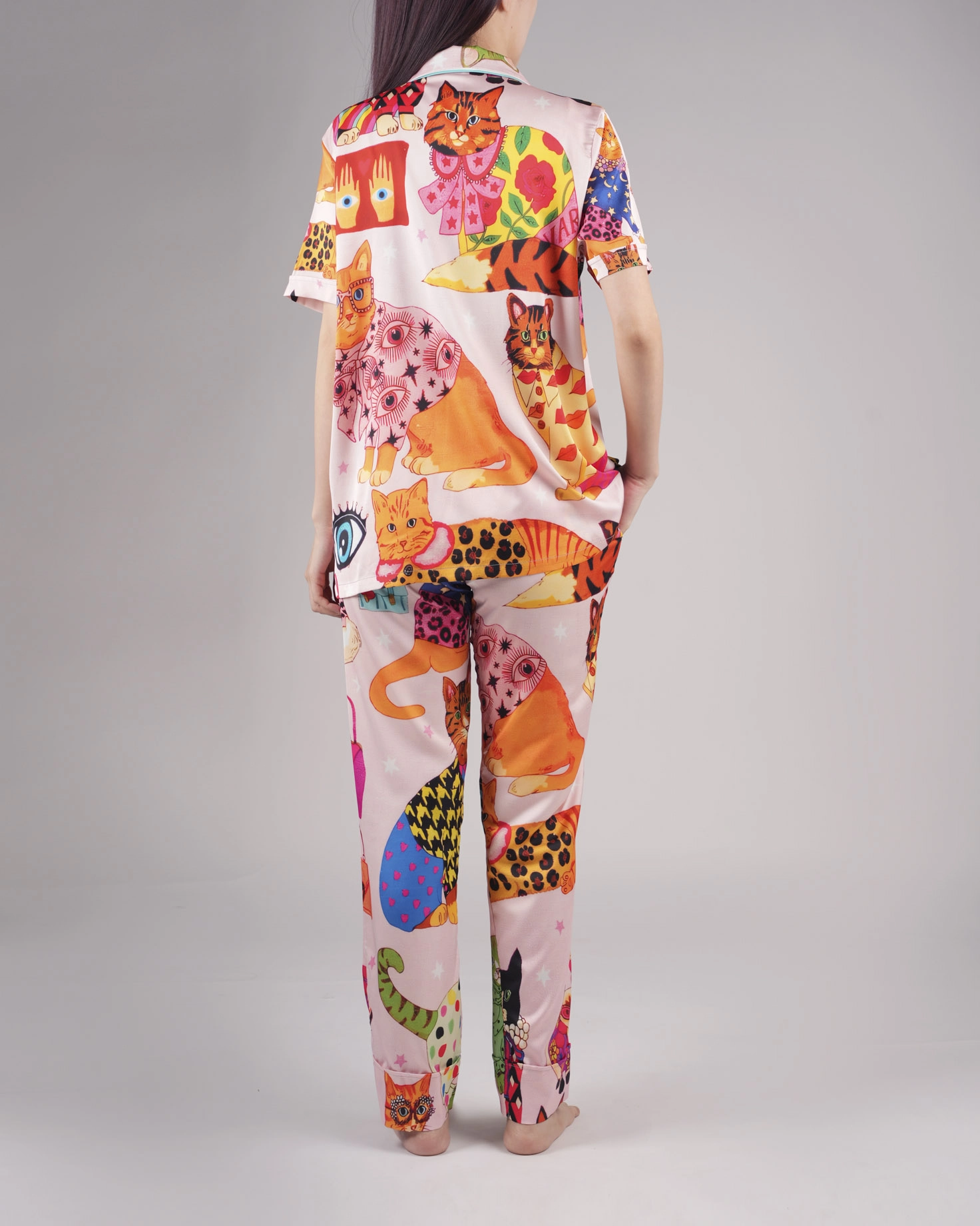 All-over Print Satin Short-Sleeve Pajamas Set with Long Pants