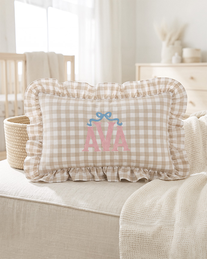 Embroidered Linen Pillow With Ruffles