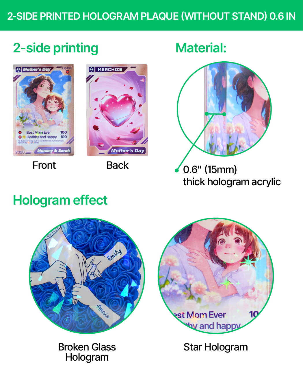 2-side Printed Hologram Acrylic Plaque (without stand) 0.6 IN