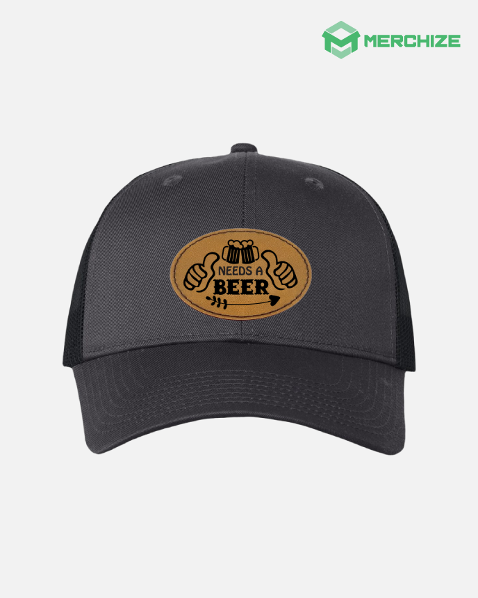 Engraved Leather Patch Mesh-Back Twill Trucker Cap VC400 (Made in US)