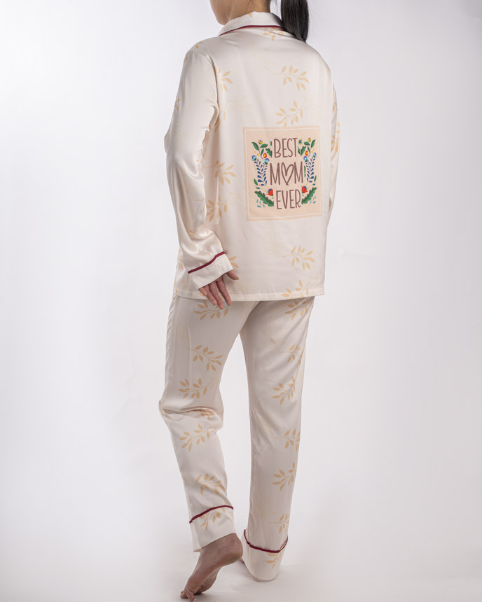 All-over Print Piping Satin Pajamas Set with Double Pockets