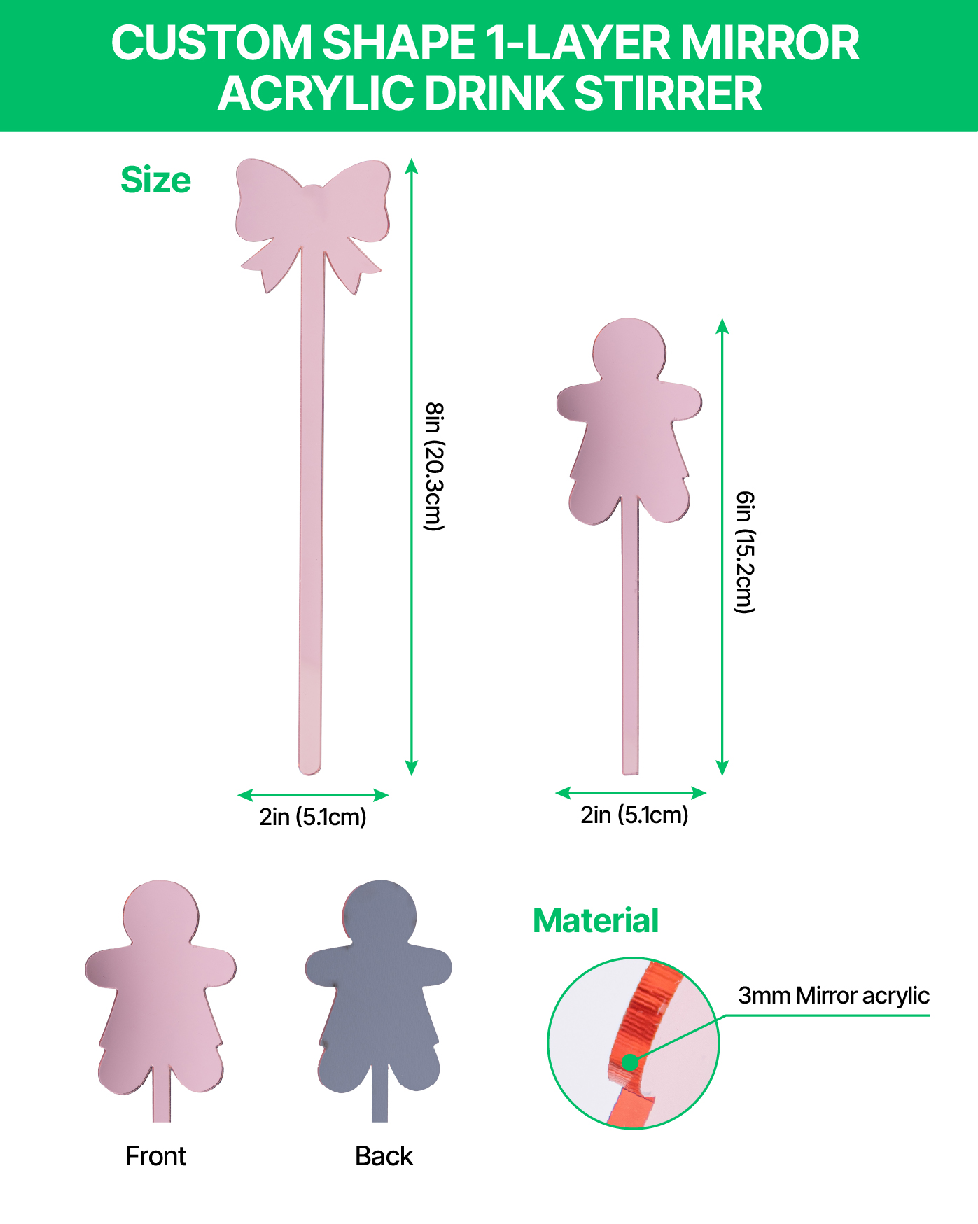 Custom Shape 1-Layer Mirror Acrylic Drink Stirrer