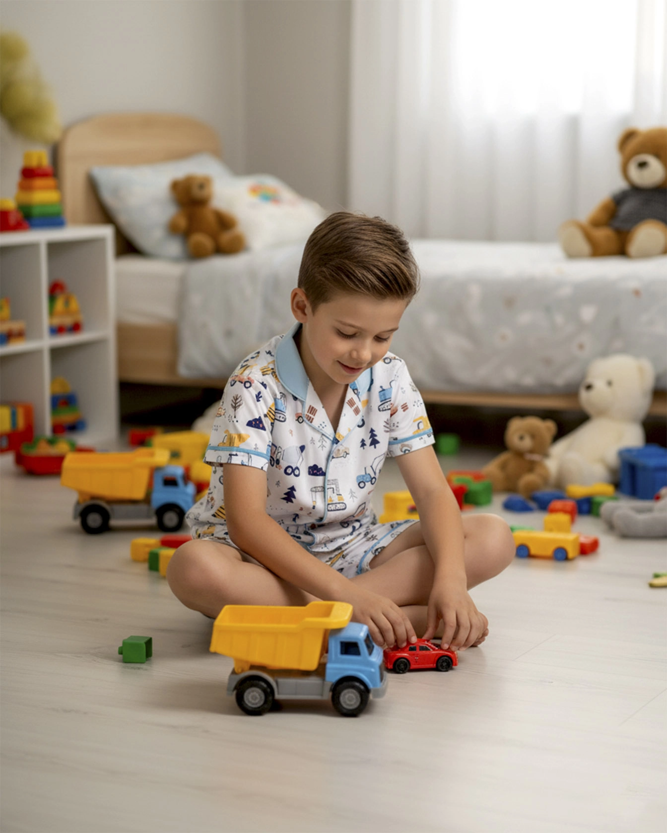 All-over Print Kid and Youth Satin Short-Sleeve Pajamas Set (No Pocket)