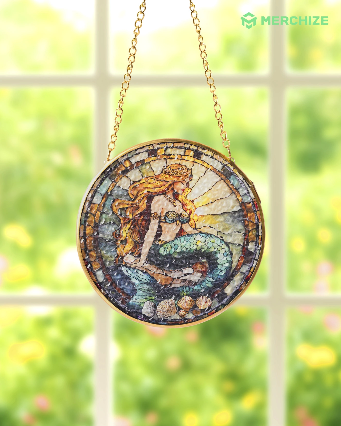Stained Glass Suncatcher for Window Hanging (Golden Frame)
