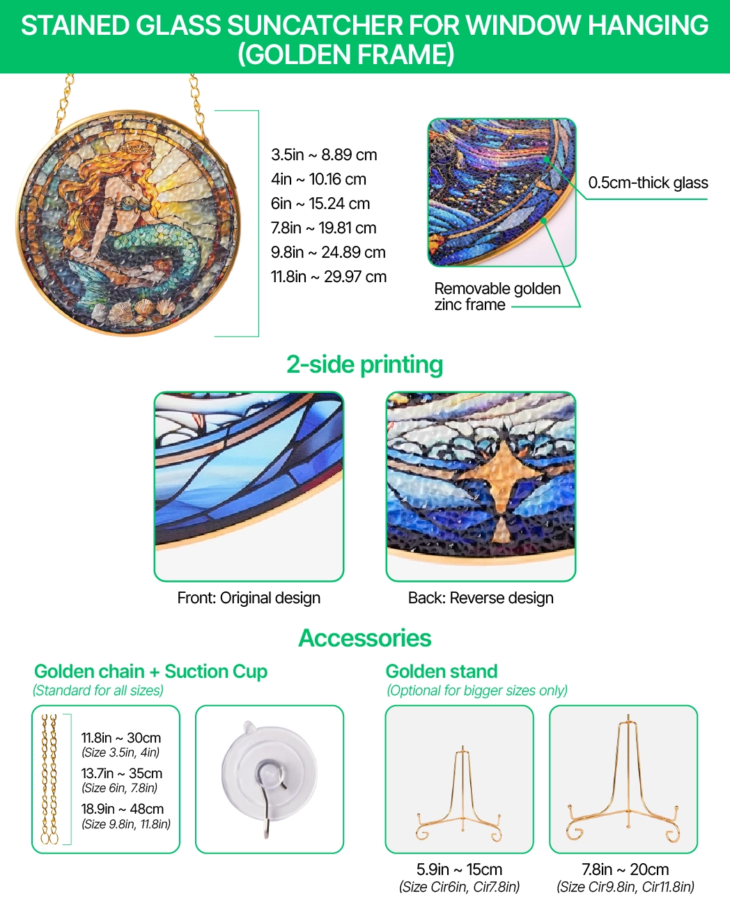 Stained Glass Suncatcher for Window Hanging (Golden Frame)