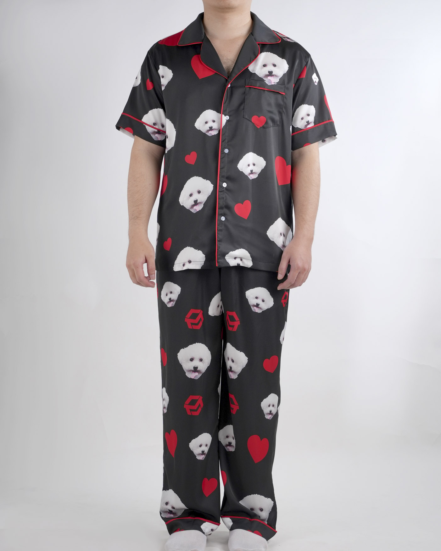 All-over Print Men's Satin Short-Sleeve Pajamas Set with Long Pants