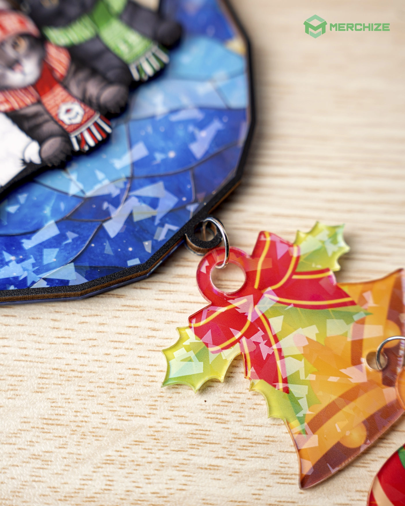 Custom Shape Wood and Hologram Acrylic  Ornament With 2 Charms