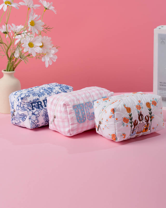 Embroidered Quilted Makeup Pouch