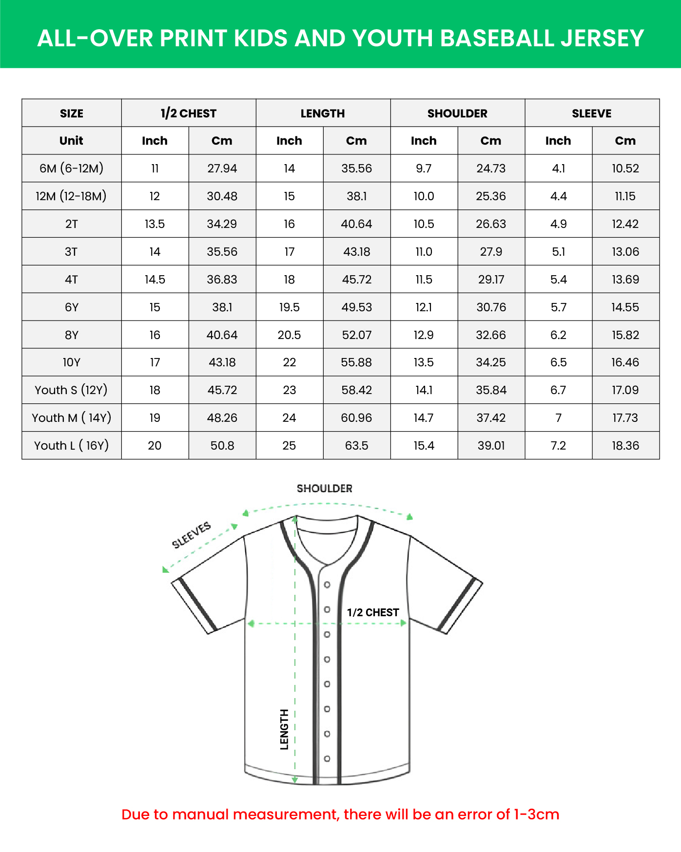 All-over Print Kids and Youth Baseball Jersey (White Buttons)