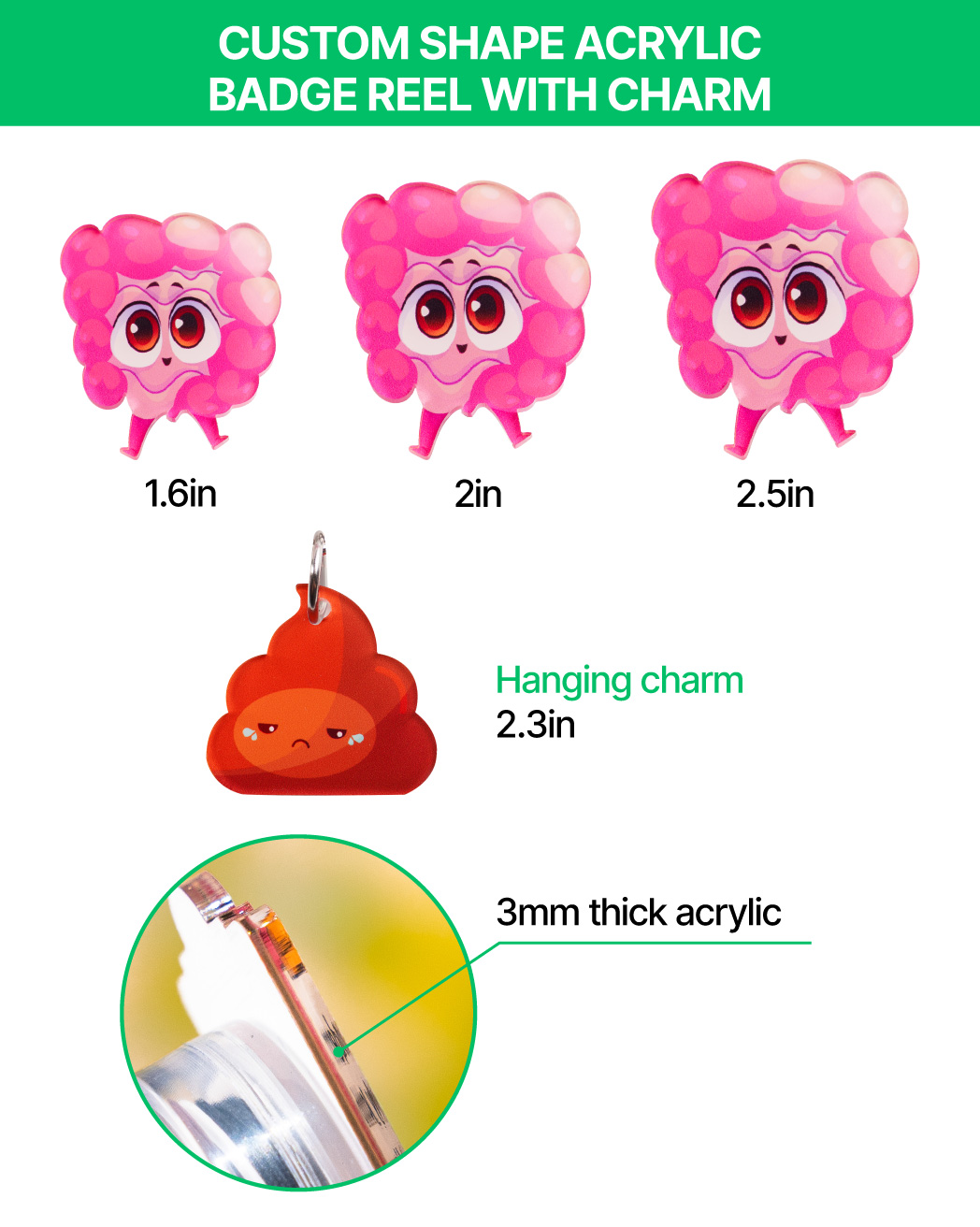 Custom Shape Acrylic Badge Reel With Charm