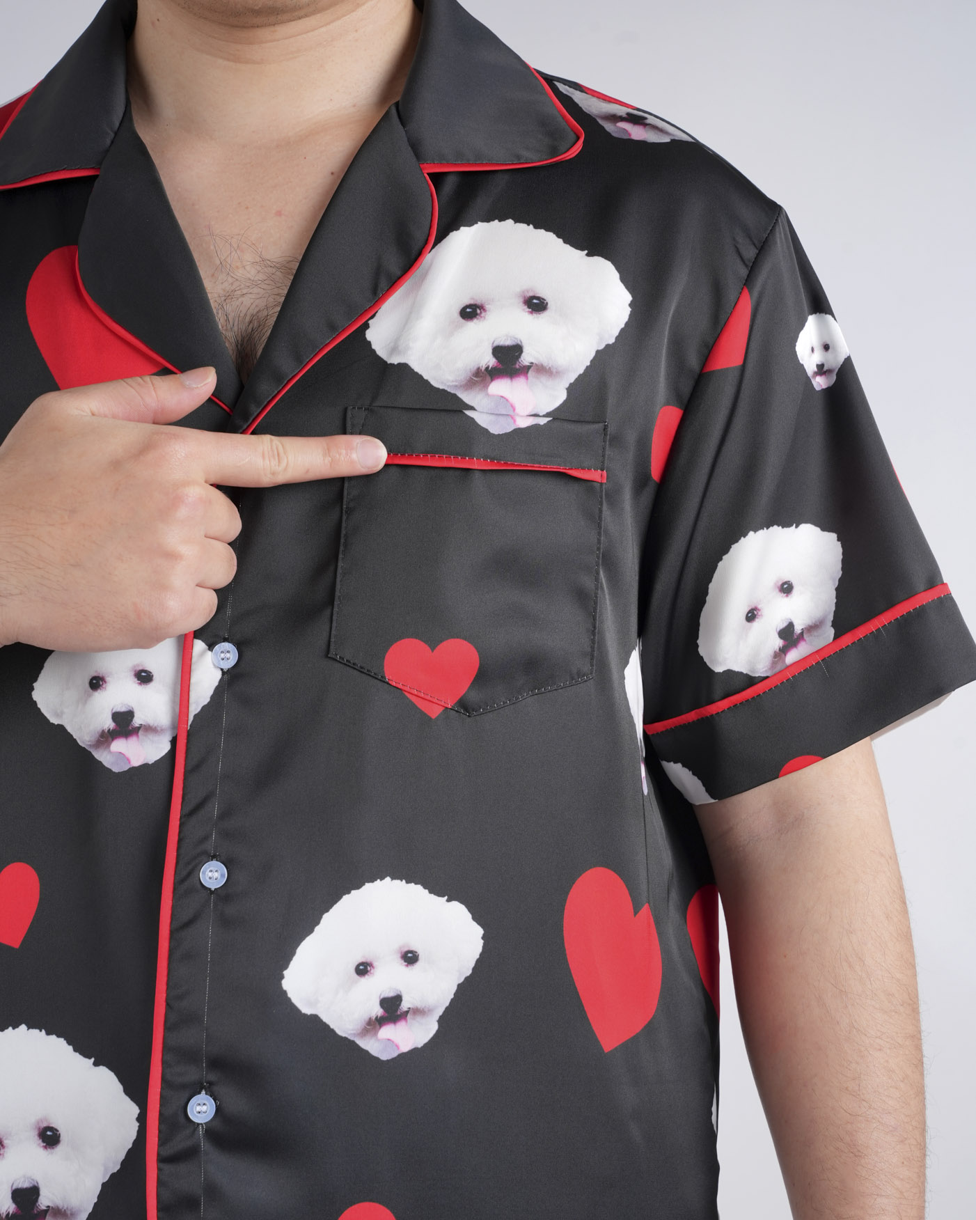 All-over Print Men's Satin Short-Sleeve Pajamas Set with Long Pants