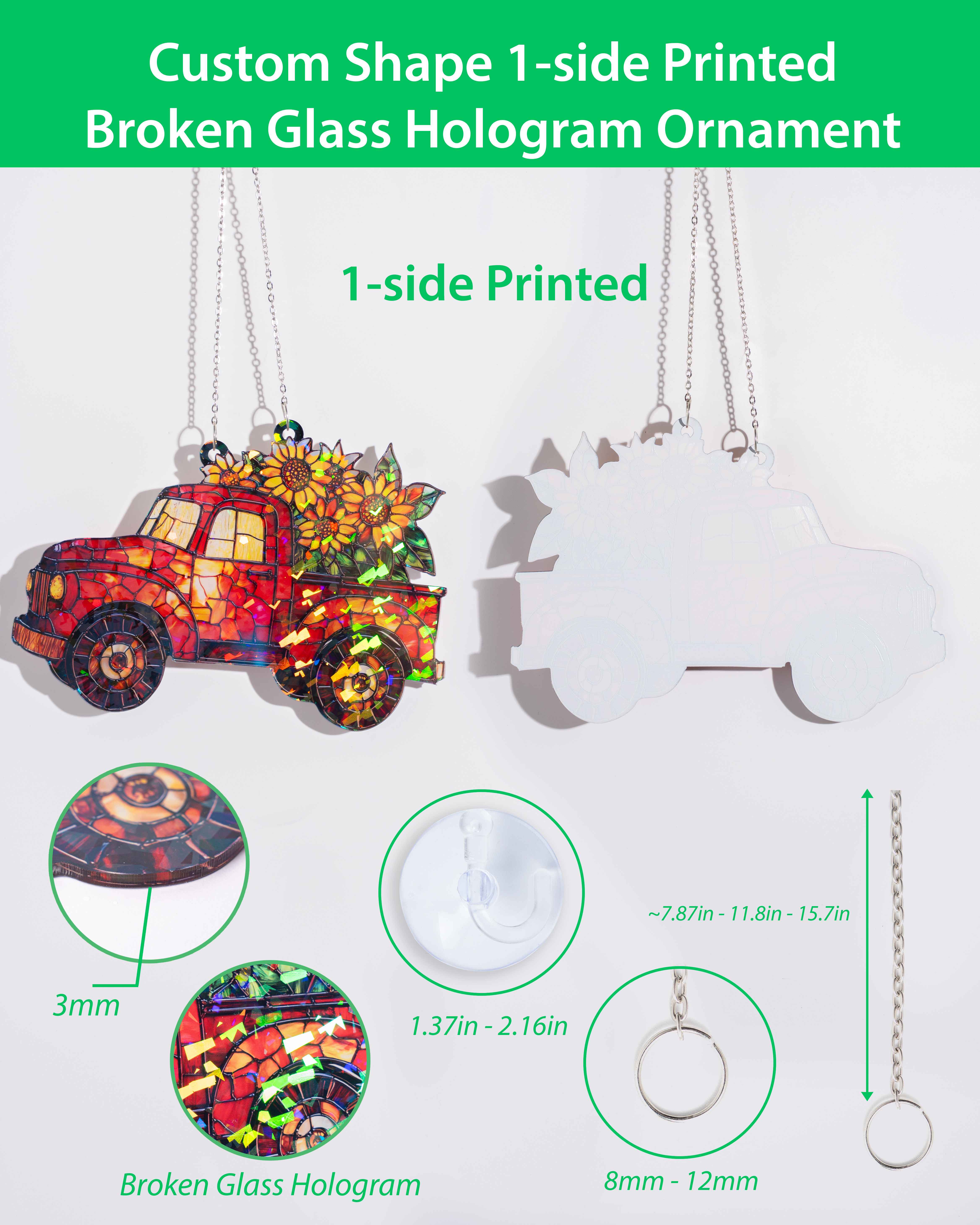 Custom Shape 1-side Printed Broken Glass Hologram Ornament