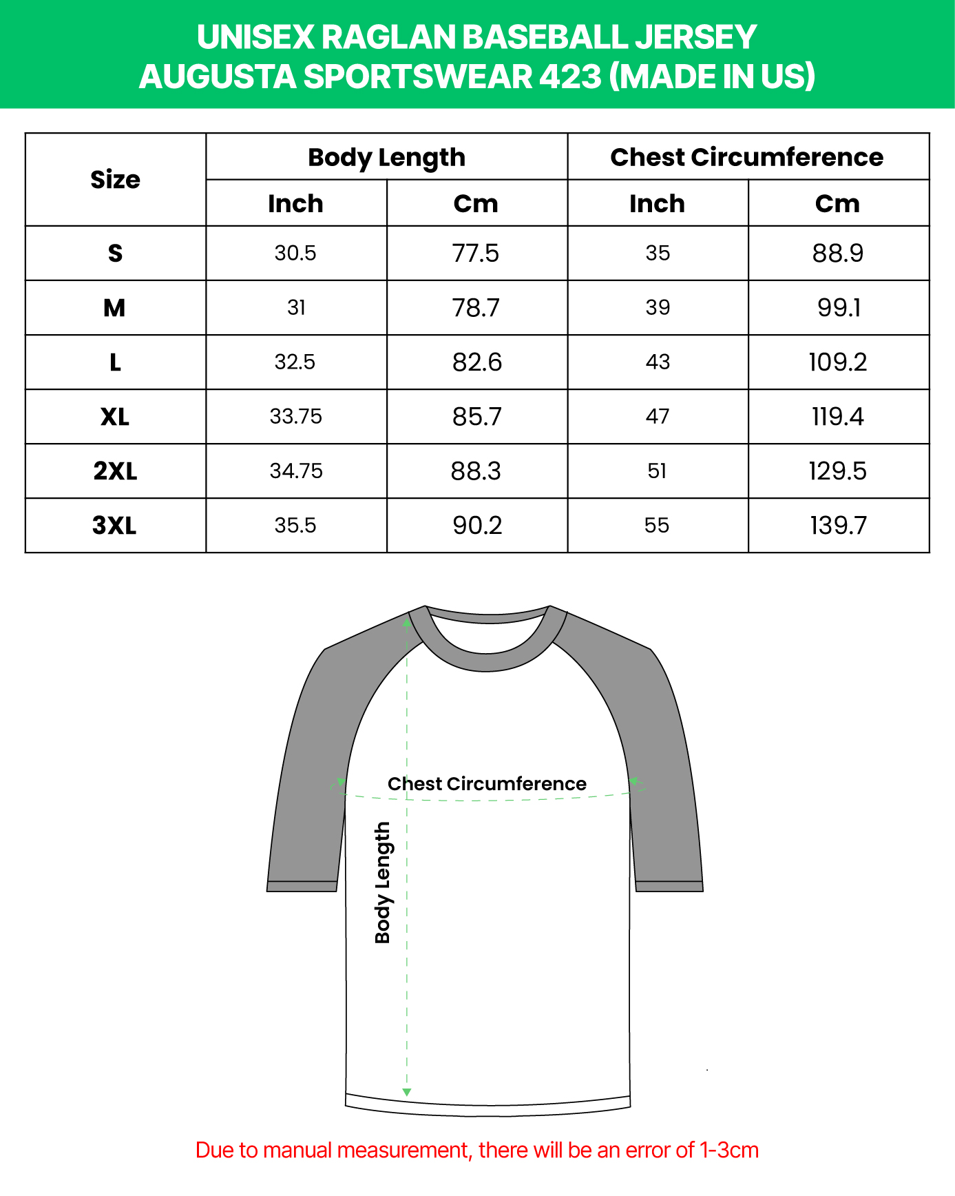 Unisex Raglan BaseBall Jersey Augusta Sportswear 423 (Made in US)