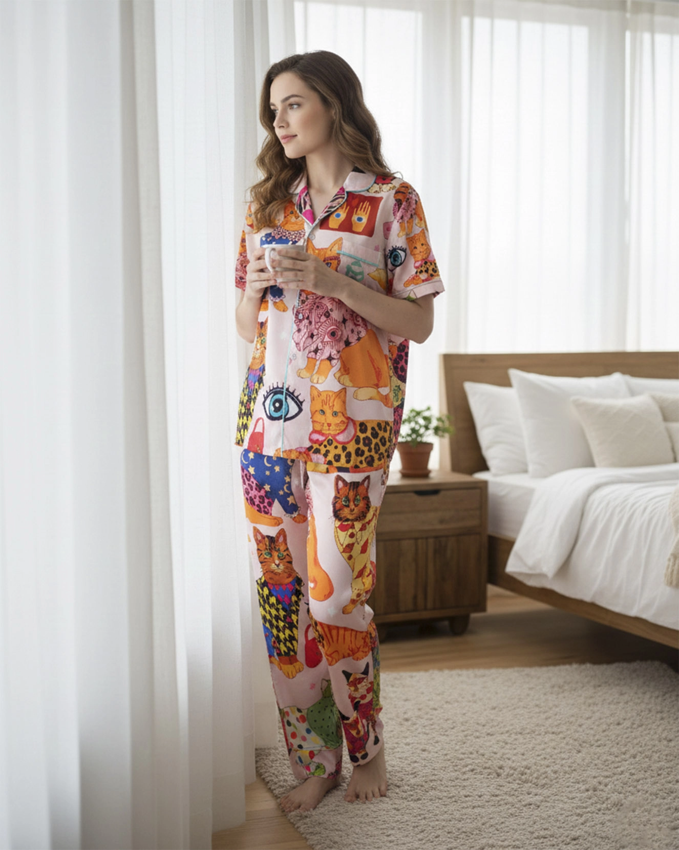 All-over Print Satin Short-Sleeve Pajamas Set with Long Pants