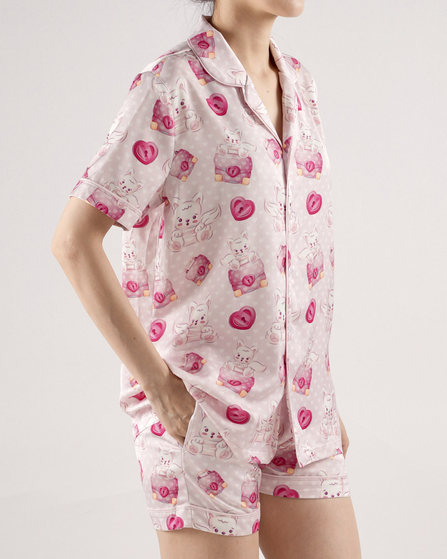 All-over Print Satin Short-Sleeve Pajamas Set (No Pocket)