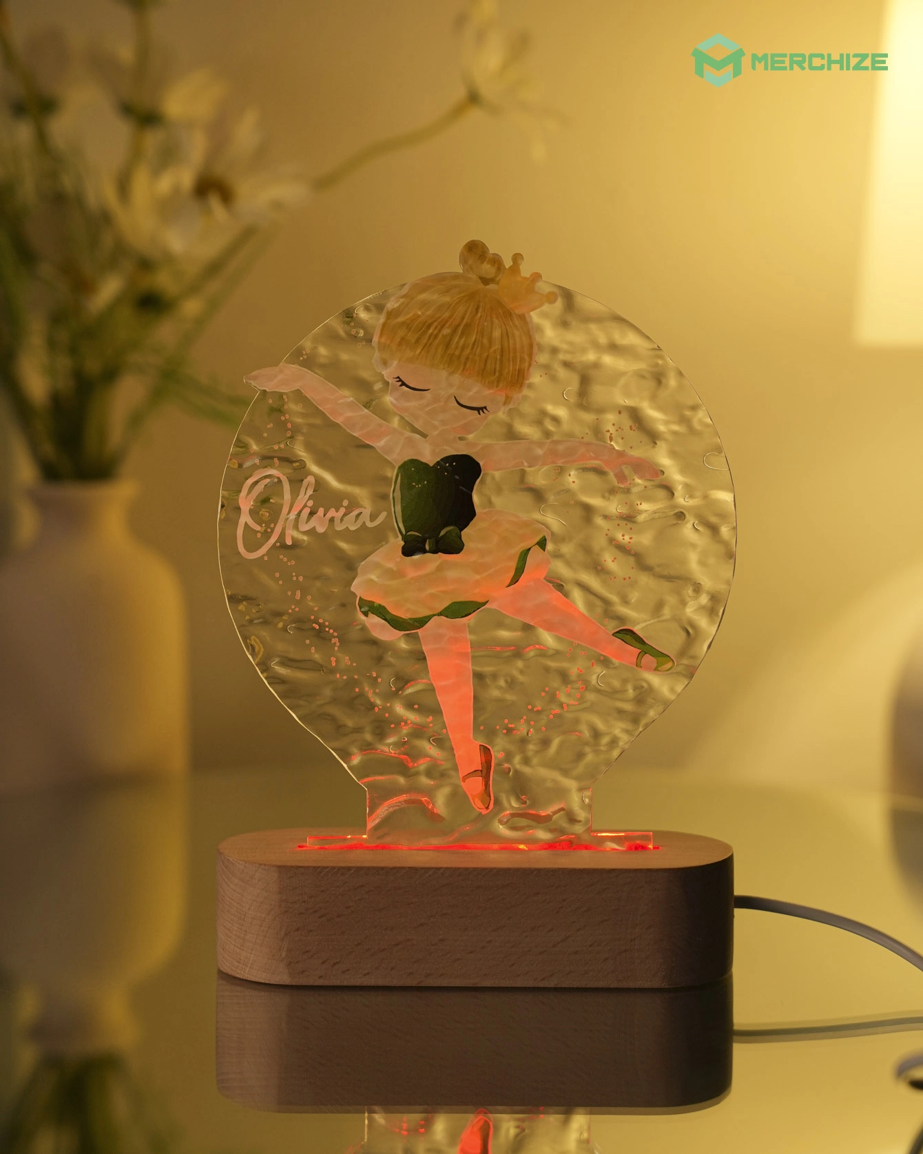Engraved Custom Shape Wavy Acrylic Photo Night Light (Beech wood base)