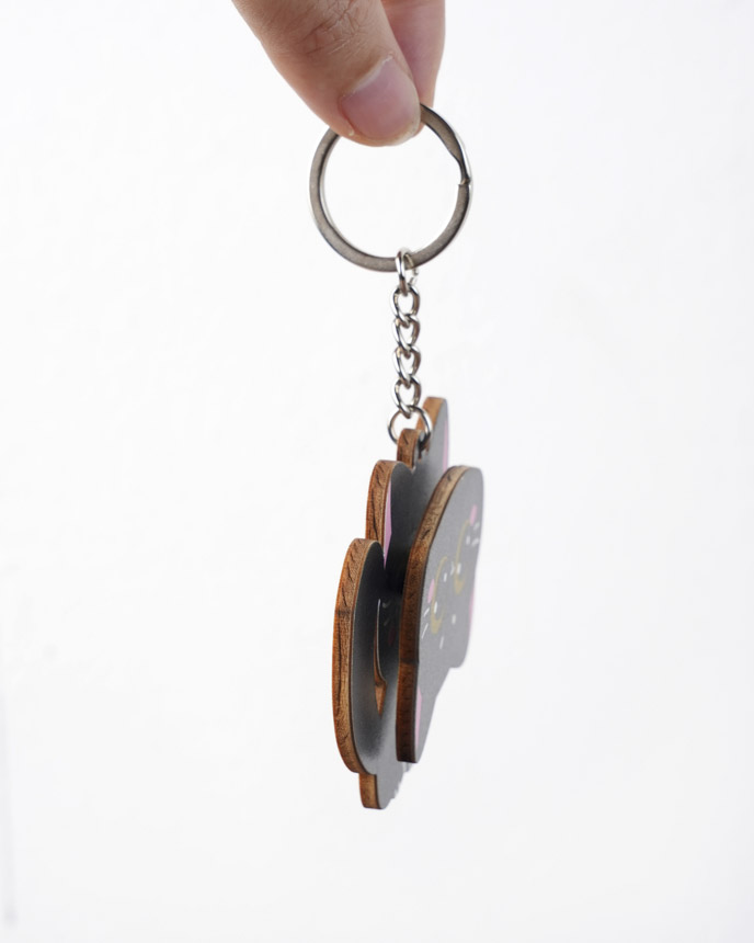 Custom Shape Wood Keychain With Spinning Charm