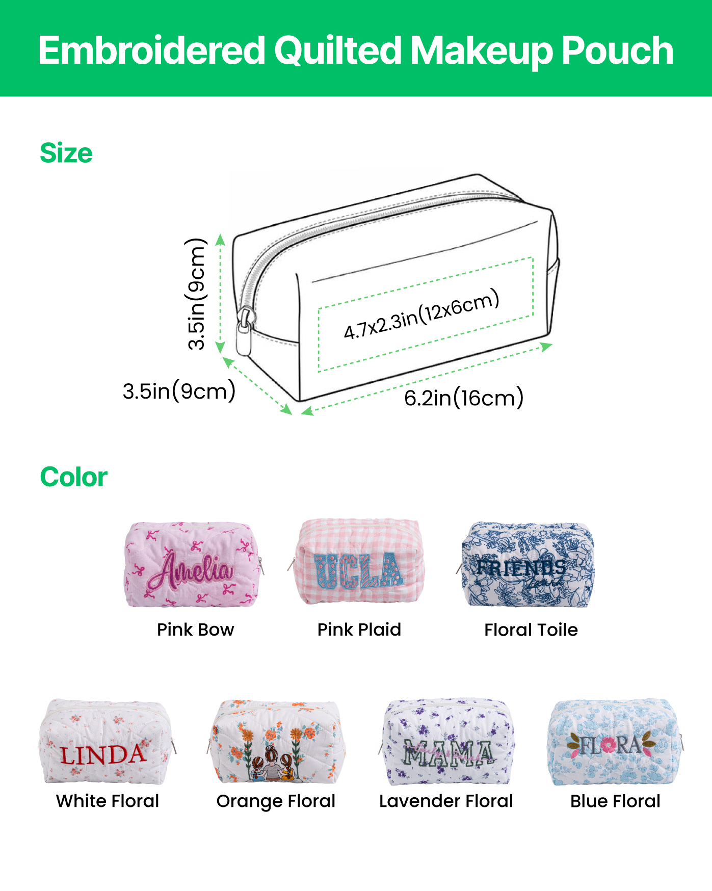 Embroidered Quilted Makeup Pouch