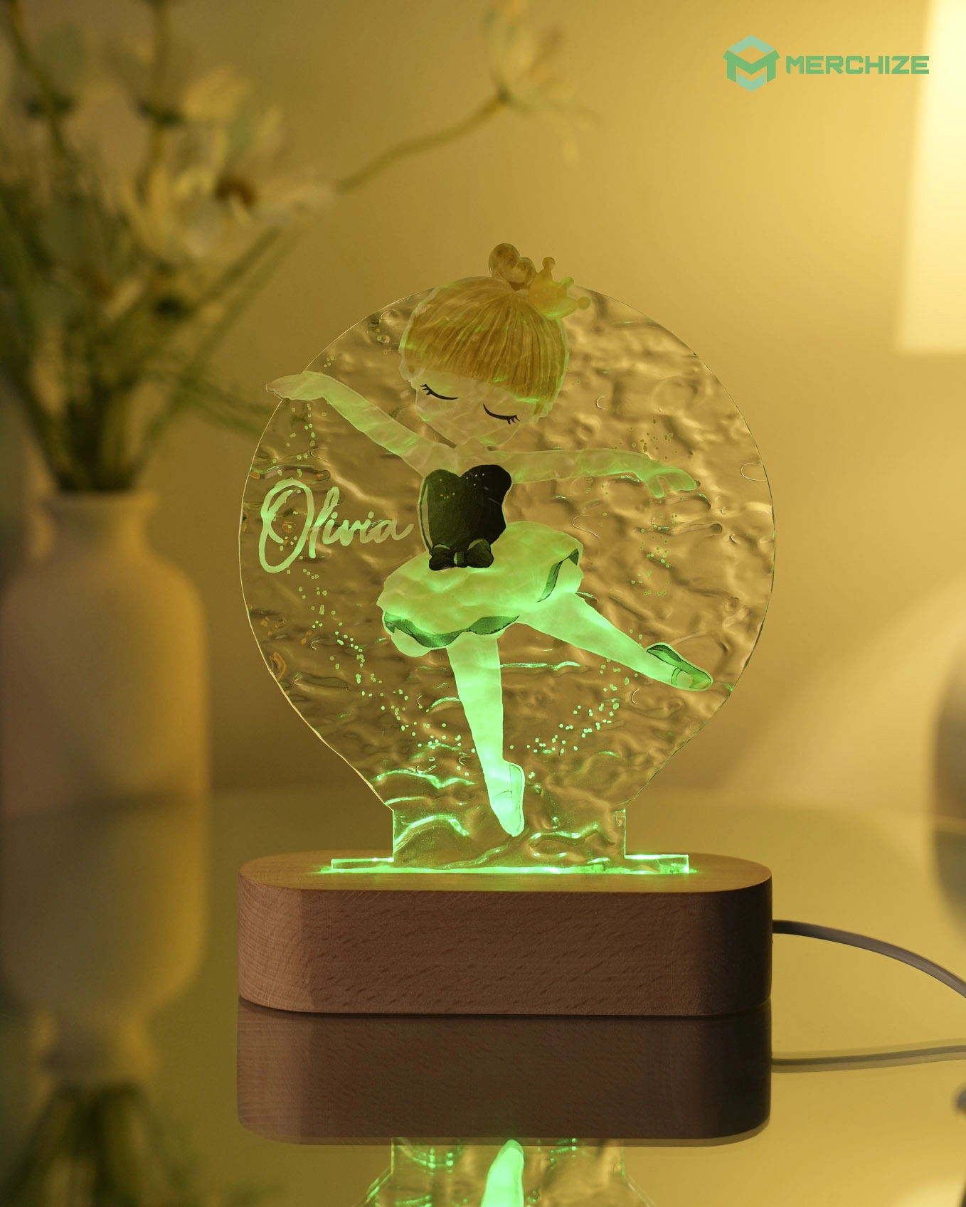 Engraved Custom Shape Wavy Acrylic Photo Night Light (Beech wood base)