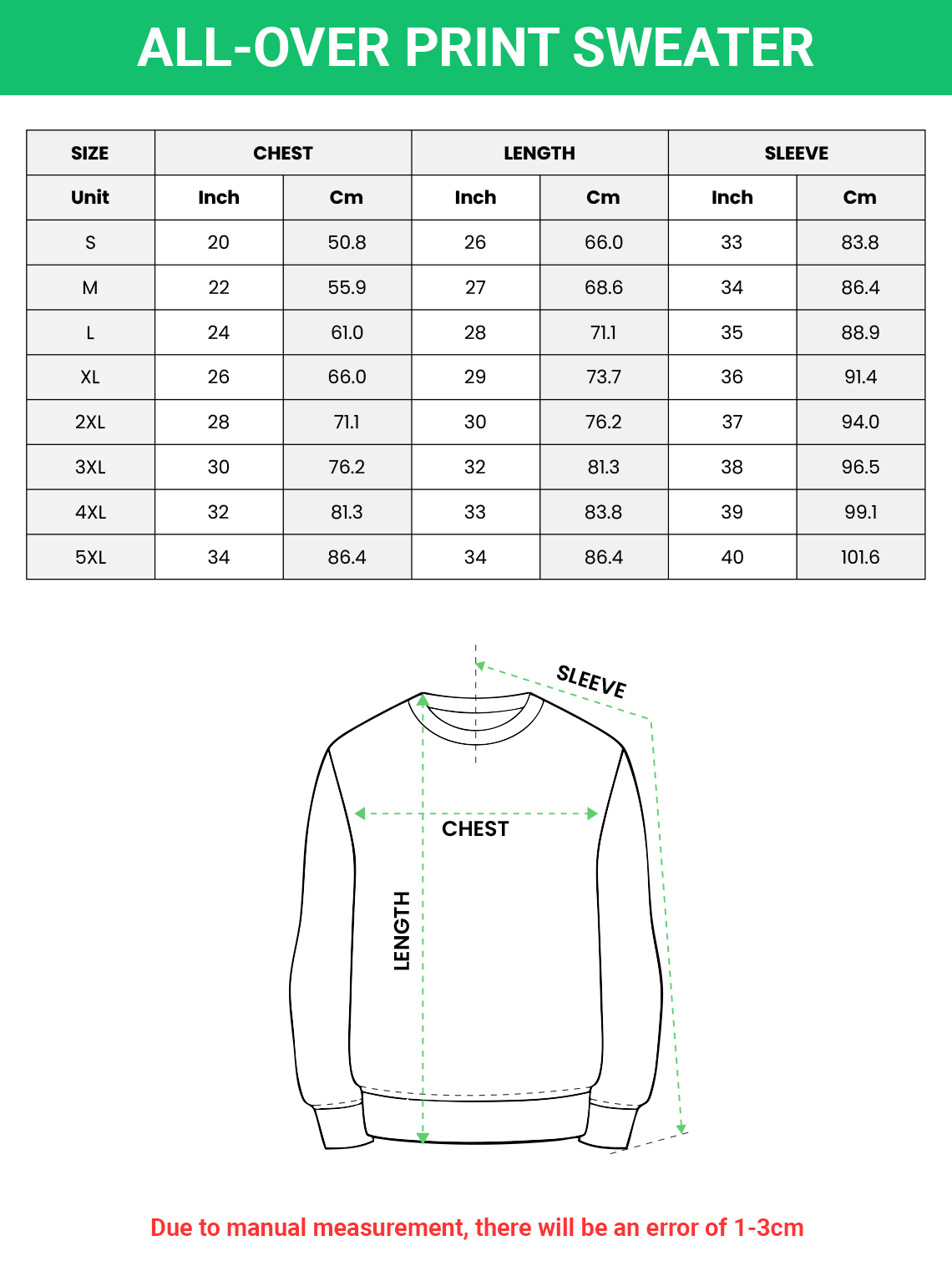 print on demand sweaters size chart