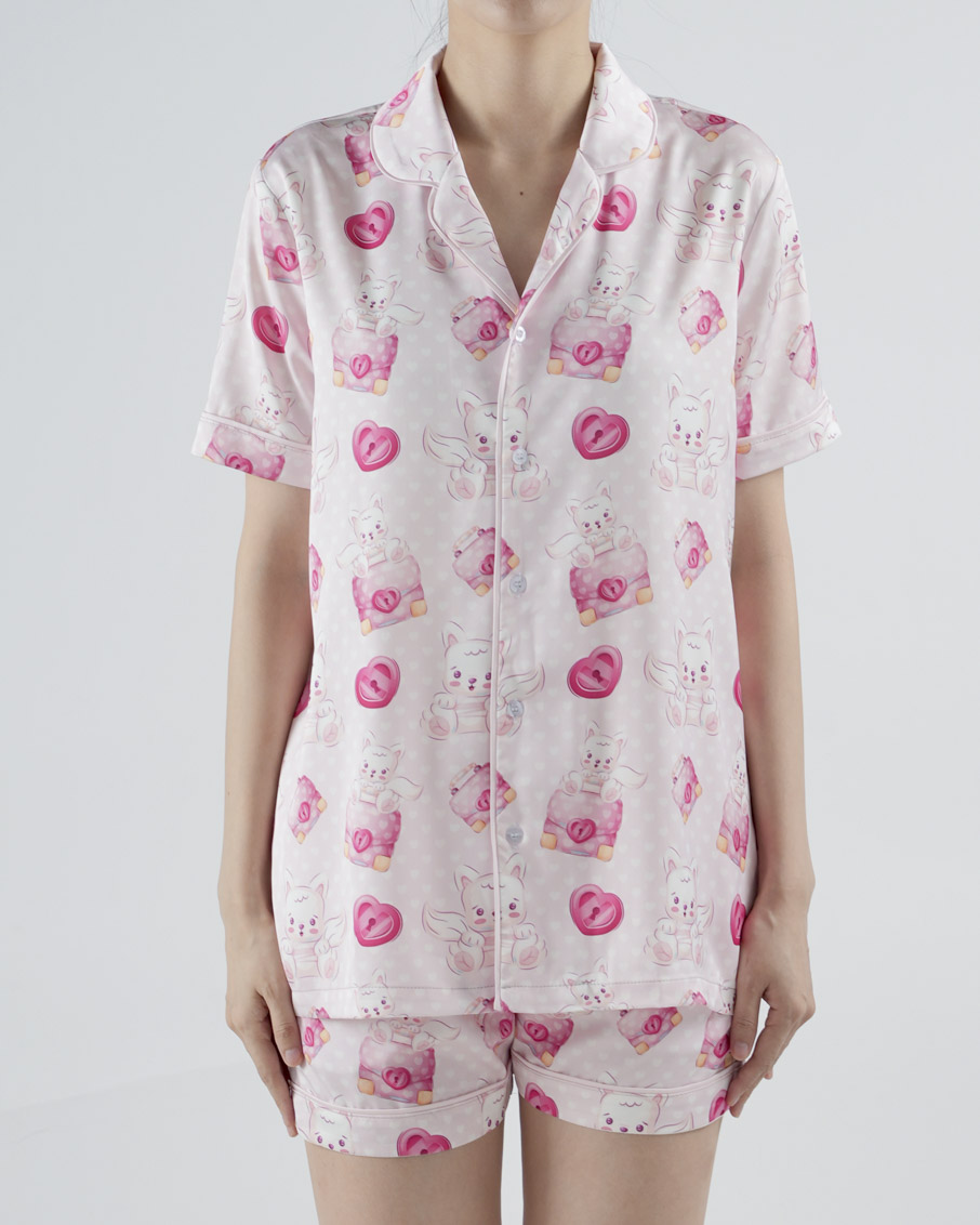 All-over Print Satin Short-Sleeve Pajamas Set (No Pocket)