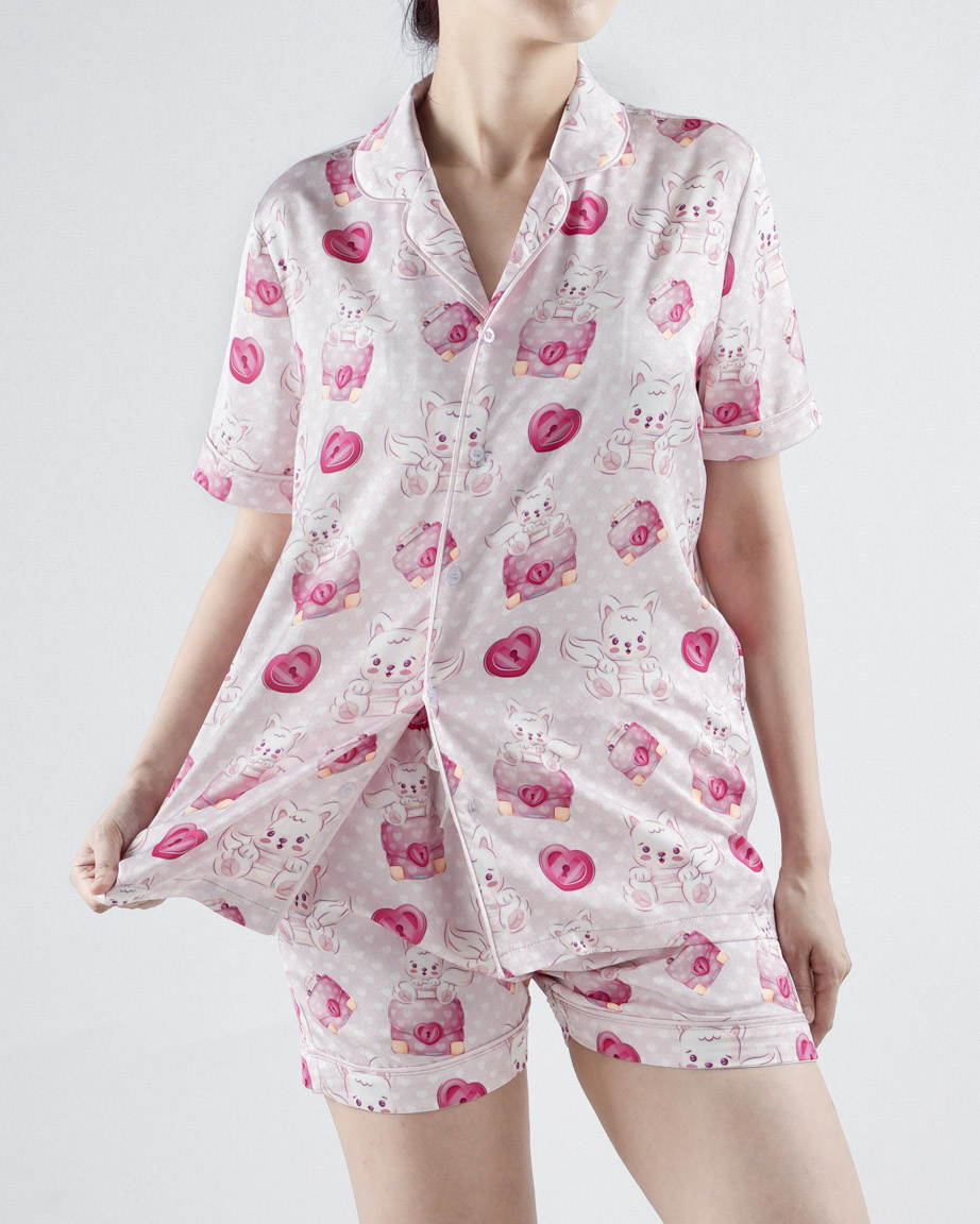 All-over Print Satin Short-Sleeve Pajamas Set (No Pocket)