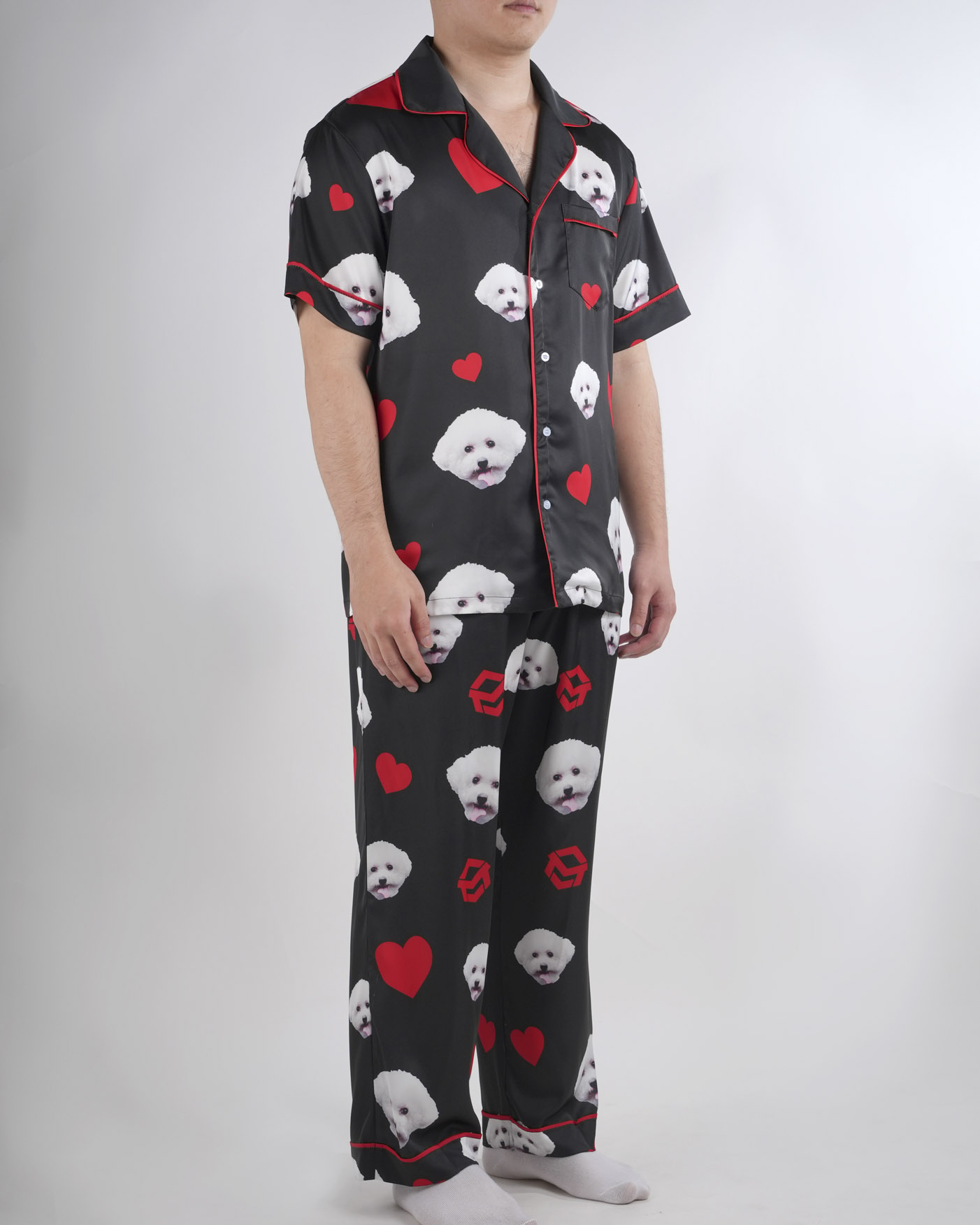 All-over Print Men's Satin Short-Sleeve Pajamas Set with Long Pants