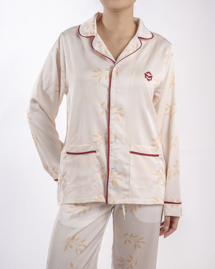 All-over Print Piping Satin Pajamas Set with Double Pockets