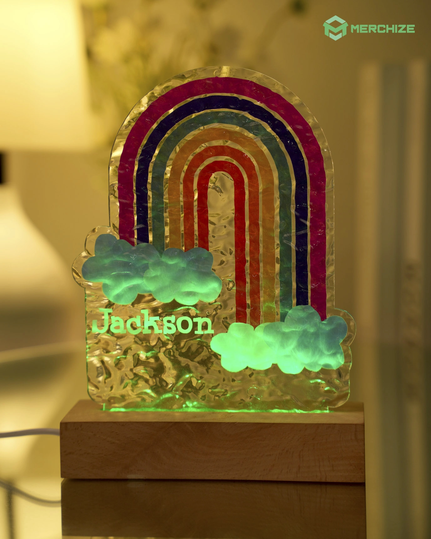 Engraved Custom Shape Wavy Acrylic Photo Night Light (Beech wood base)