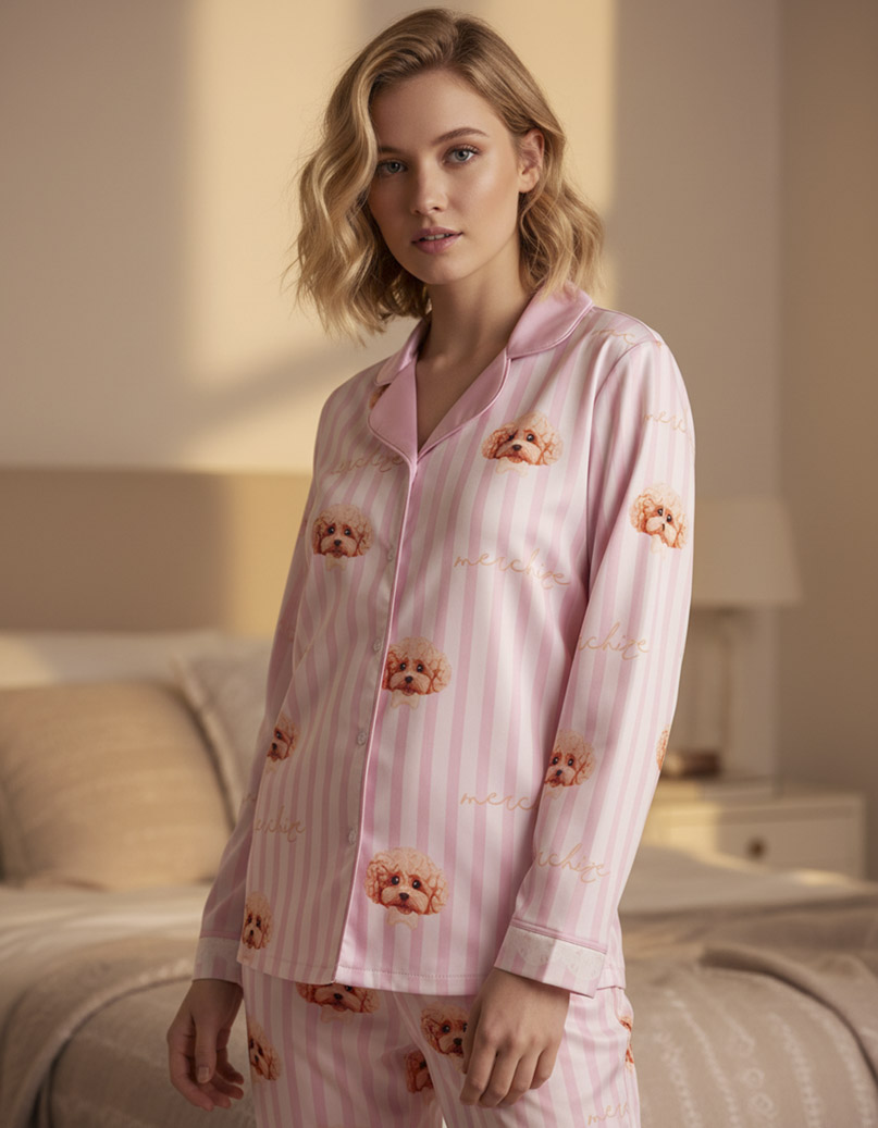 All-over Print Satin Long-Sleeve Pajama Shirt (No Pocket)