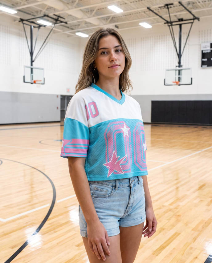 All-over Print V-Neck Hybrid Mesh Crop Top Football Jersey (Midweight)