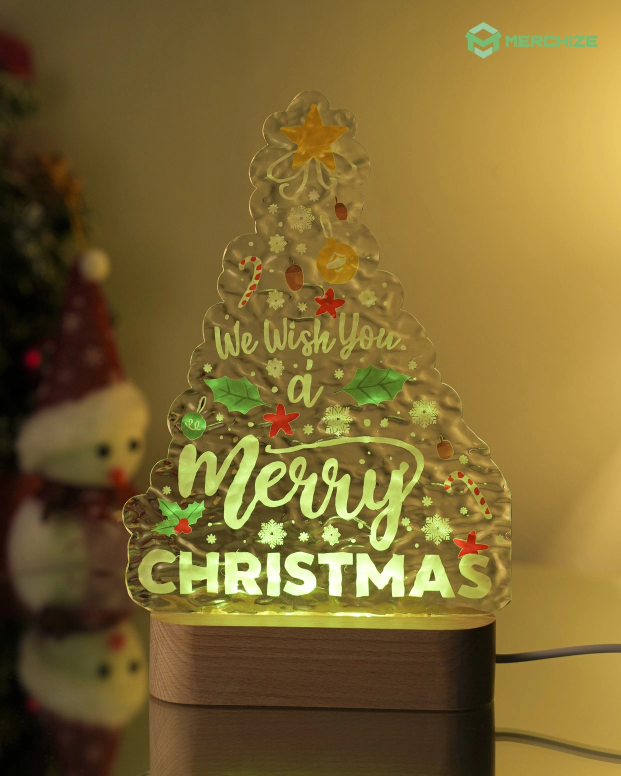 Engraved Custom Shape Wavy Acrylic Photo Night Light (Beech wood base)
