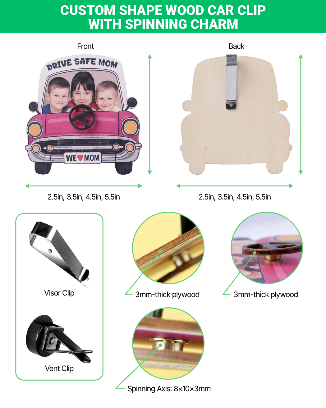 Custom Shape Wood Car Clip With Spinning Charm