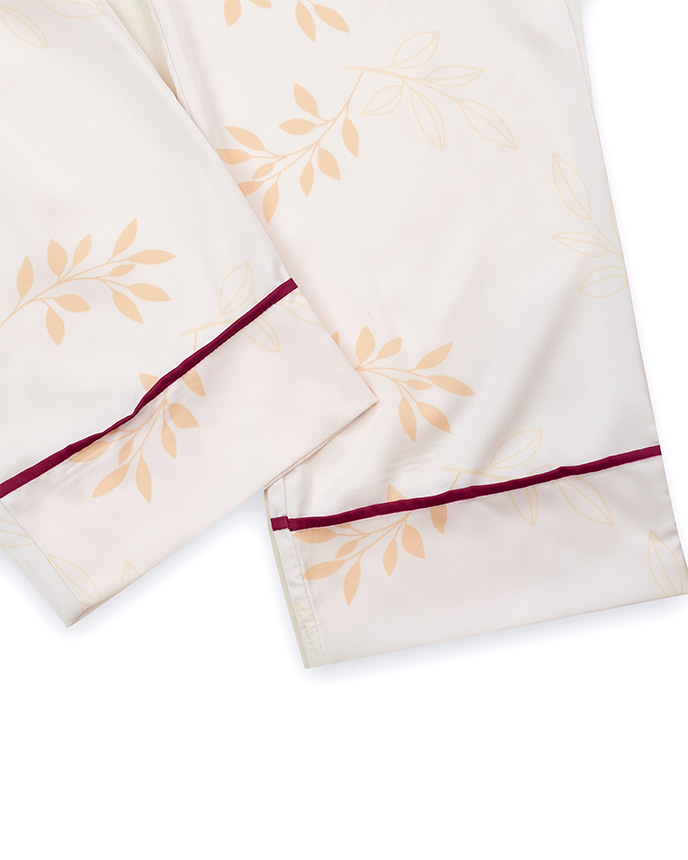 All-over Print Piping Satin Pajamas Set with Double Pockets