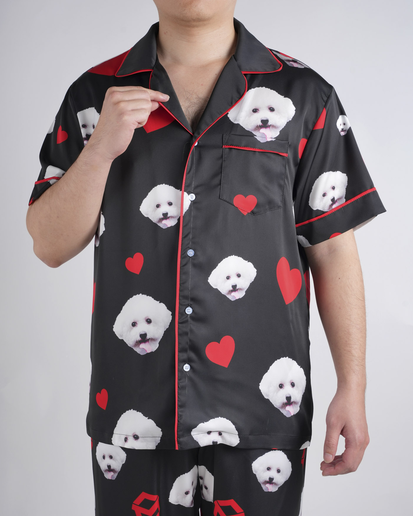 All-over Print Men's Satin Short-Sleeve Pajamas Set with Long Pants