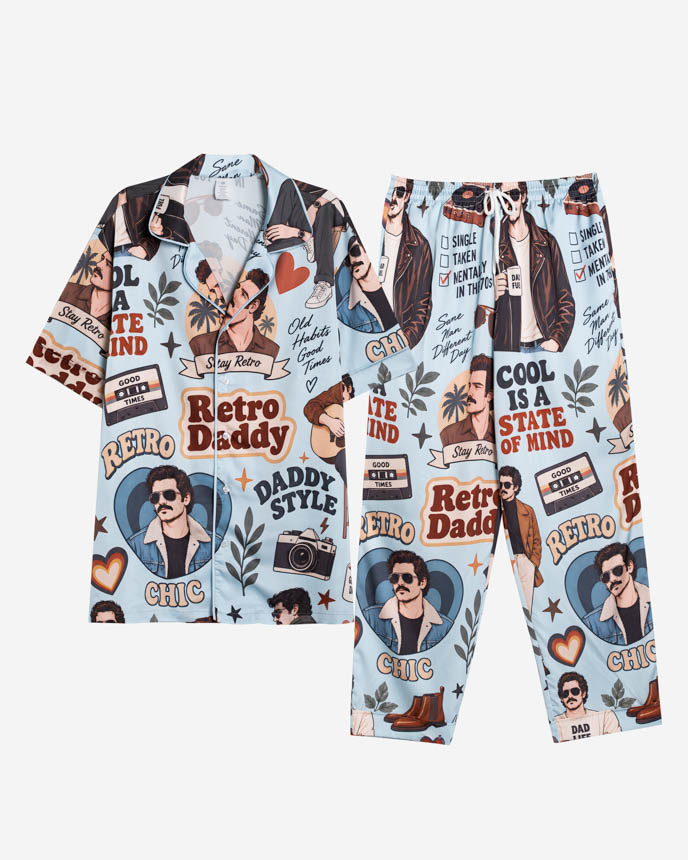 All-over Print Men's Satin Short-Sleeve Pajamas Set with Long Pants (No Pocket)