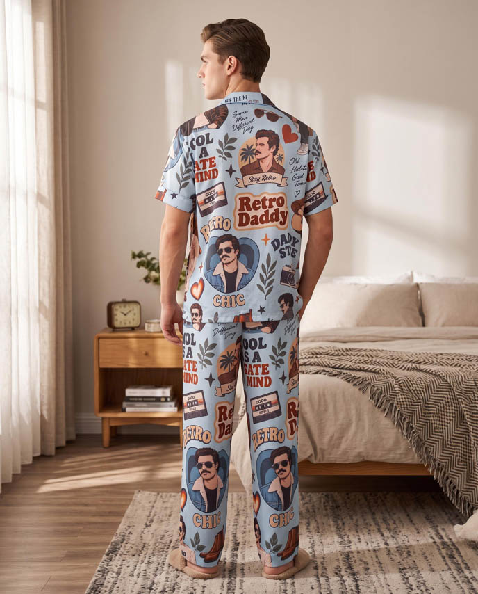 All-over Print Men's Satin Short-Sleeve Pajamas Set with Long Pants (No Pocket)