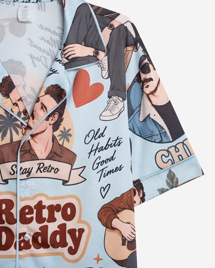 All-over Print Men's Satin Short-Sleeve Pajamas Set with Long Pants (No Pocket)
