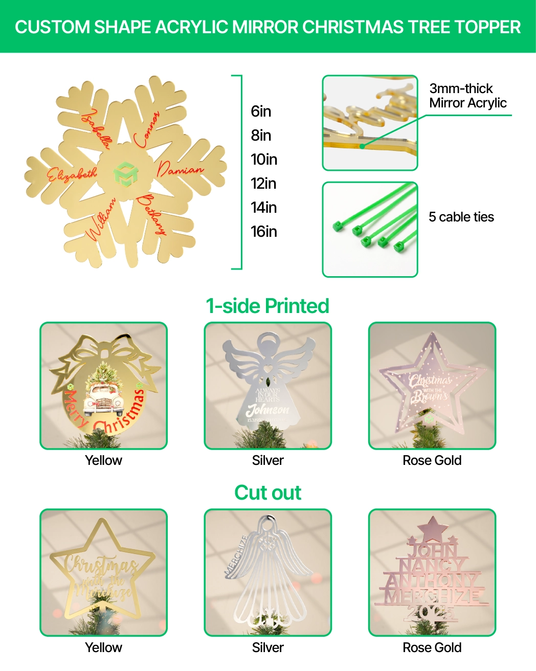 Custom Shape Acrylic Mirror Christmas Tree Topper