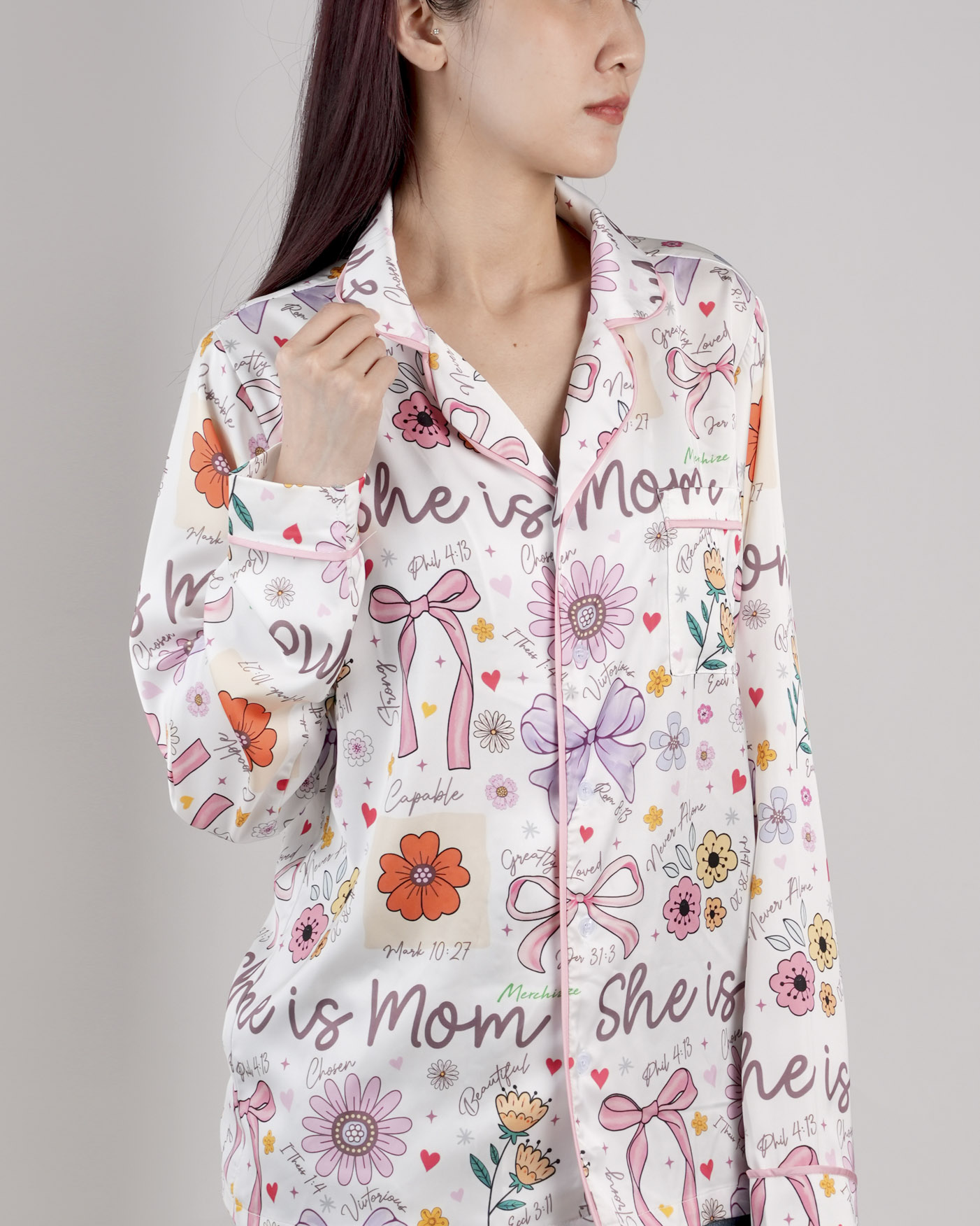 All-over Print Satin Long-Sleeve Pajama Shirt